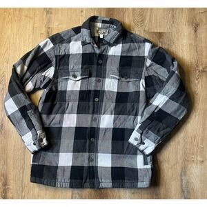 Duluth Trading‎ Mens Flannel Fleece Lined Shirt Jacket S Black Gray Plaid Chore